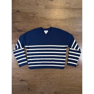 For The Republic Navy Blue White Striped‎ Crew Neck Sweater Womens Large L